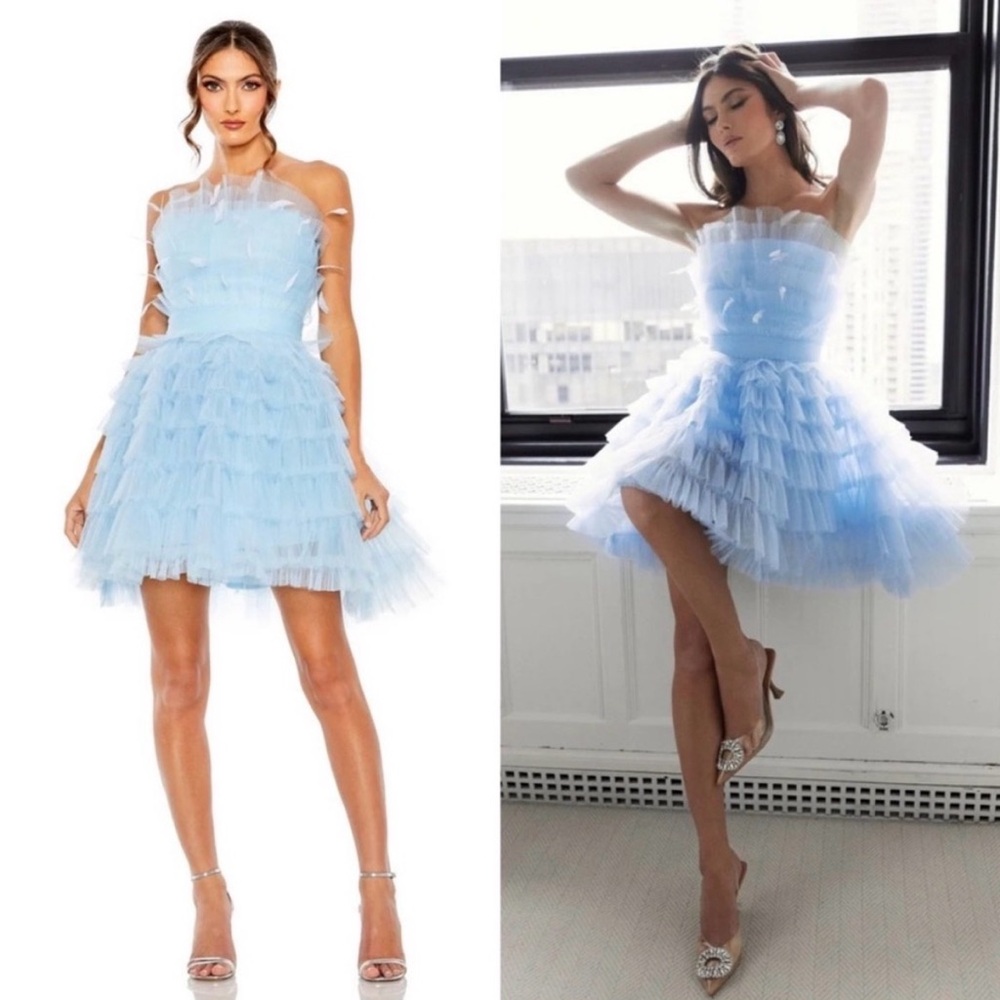 Mac Duggal 20529 Feathered Strapless Tulle Fit And Flare Mini Dress